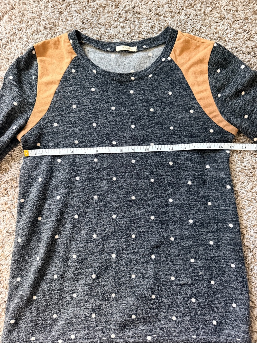 12 Pm By Mon Ami Charcoal Polka Dot Sweatshirt with Tan Suede Patches - Picture 2 of 4